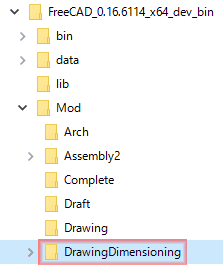 インストールしたFreeCADフォルダ内のModフォルダ内に、「DrawingDimensioning」フォルダを作成します