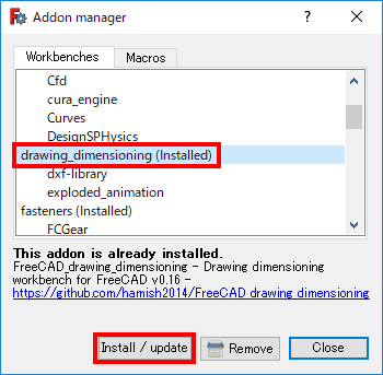 drawing_demensioningを選択し、「Install/Update」をクリックします。