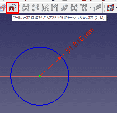 ピッチ円を描きます。そして、補助線に変更します。