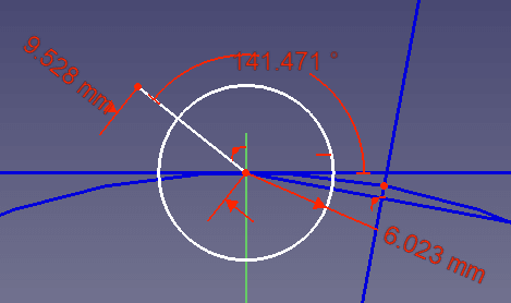 ピッチ円とz軸の交点から、長さ、0.8d1の直線を描き、角度拘束を追加します。