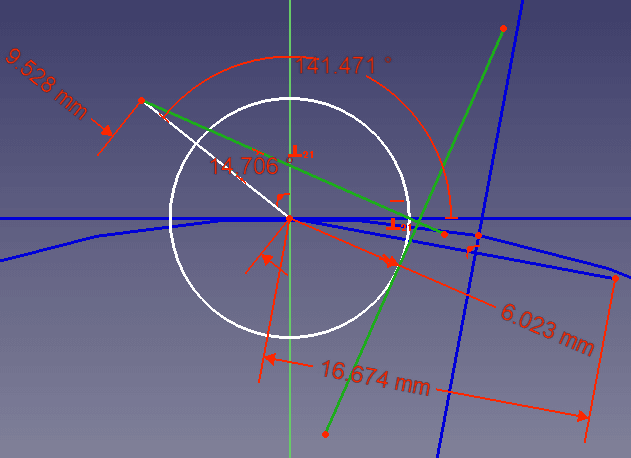 描いた直線と直行し、円に接する直線を描きます。