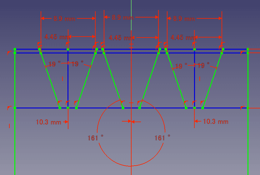 角度と幅を指定します。角度は、使用するVベルトの規格とプーリの径により変化します。